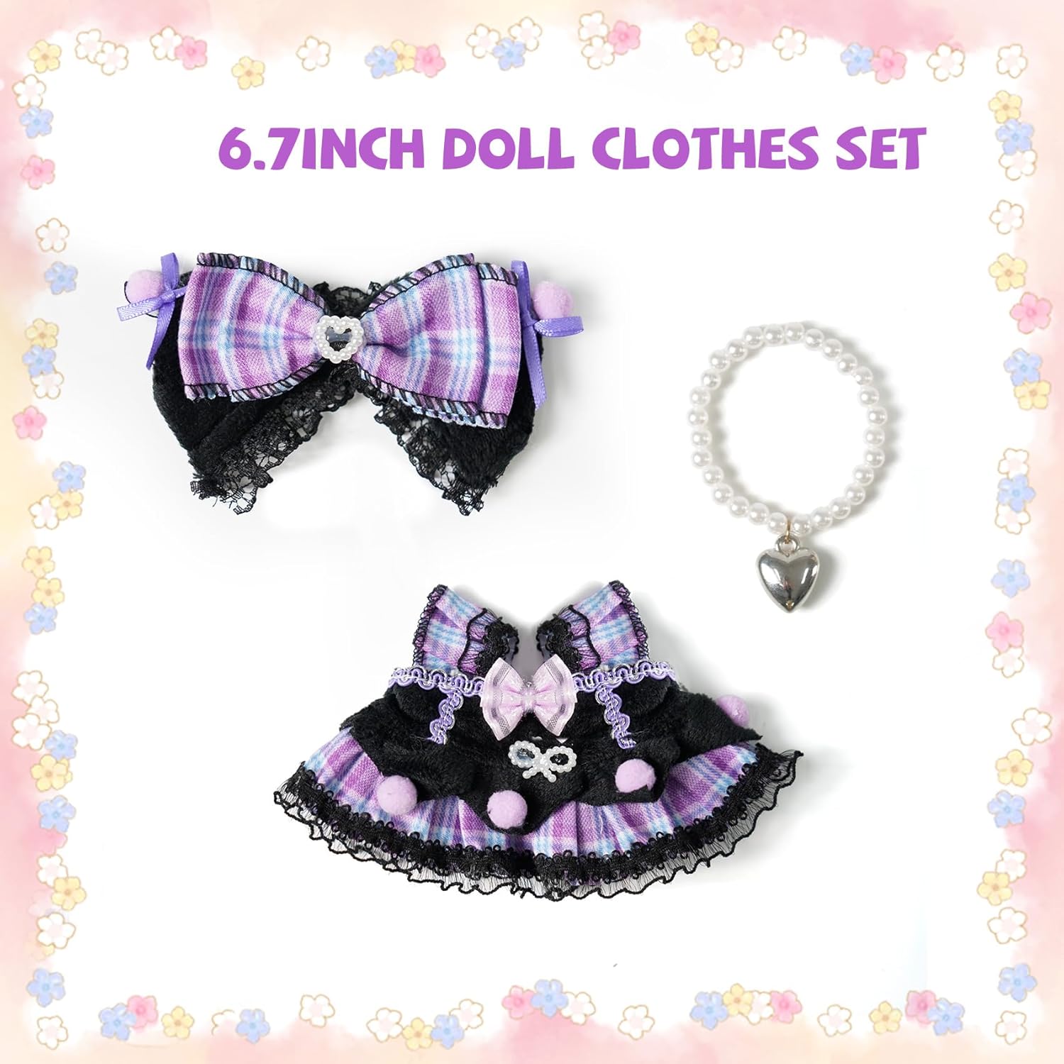 3 Piece 17cm Labu-Clothes-bu and Accessories Outfit - Bow Clips, Necklace & Dress, Fashionable Doll Dress Up Set