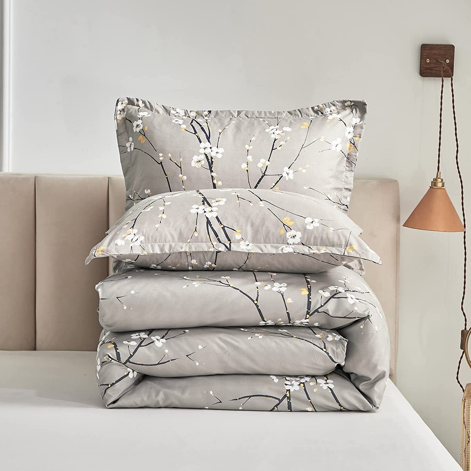 Lanqinglv Bettdecke 155x220cm Ganzjahresdecke 4 Jahreszeiten,Grau Weiß Blätter Blumenmuster Steppdecke für Allergiker Zudecke Schlafdecke Duvet 155x220 mit 1 Kissenbezug 80x80cm