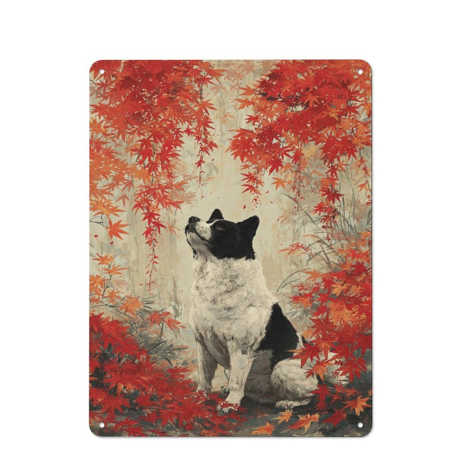 Junmoney Autumn Leaves And A Dog Rustic Metal Wall Sign 40X30cm For Kitchen Or Home Bar, For Garage, Workshop And Man Cave Decoration