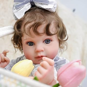24inch Big Vinyl & Fabric Lifelike Reborn Baby Doll, Black/White Newborn Doll with Cute Dress, Realistic Baby Doll with Magnetic Pacifier for Gifts, Name Stella Grey and White Skirt