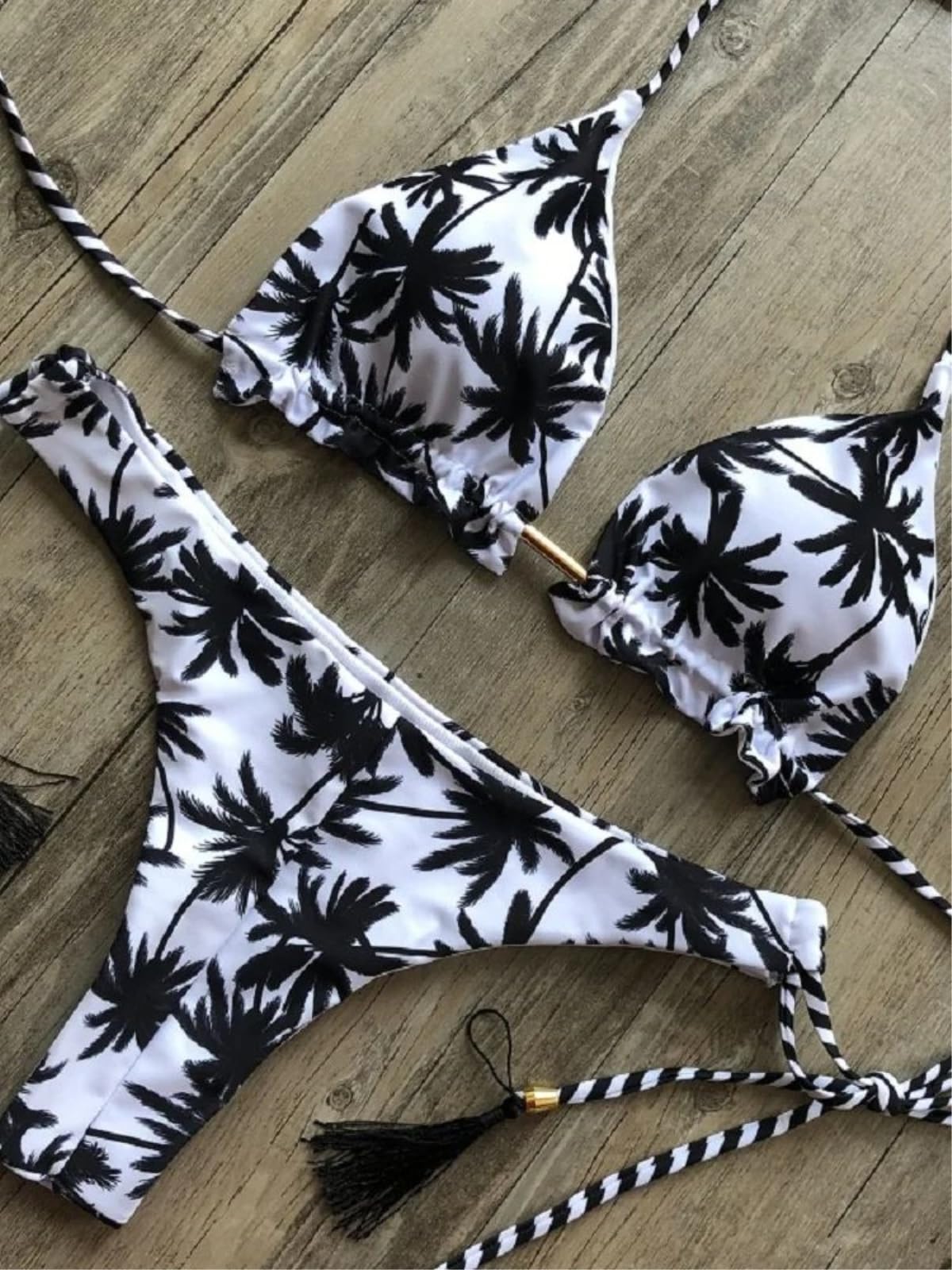 Set Bikini Donna Donne Palm Tree Stampa Due Pezzi Tassel Cravatta Laterale Triangolo Hardware Costume da Bagno Cheeky per La Spiaggia PisChina