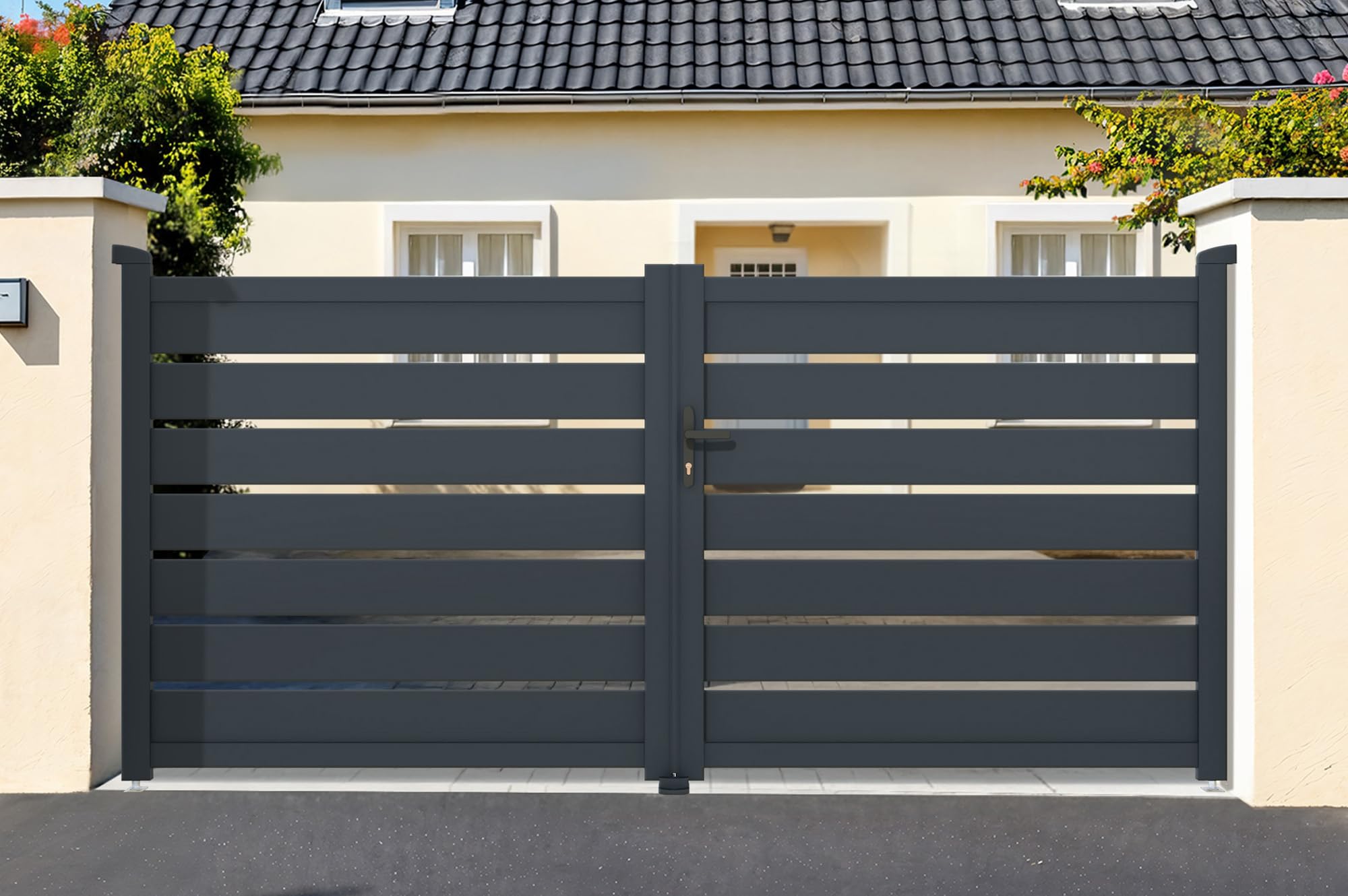 Casanoov - Portail Battant Aluminium VOGEL - 300 x 143 cm - 3 m x 1,​43 m 4,​29 m² - Gris Anthracite RAL 7016 Ajouré Lames Horizontales Deux Vantaux Résistance Vent 60 km/​h Kit Complet Serrure Barillet