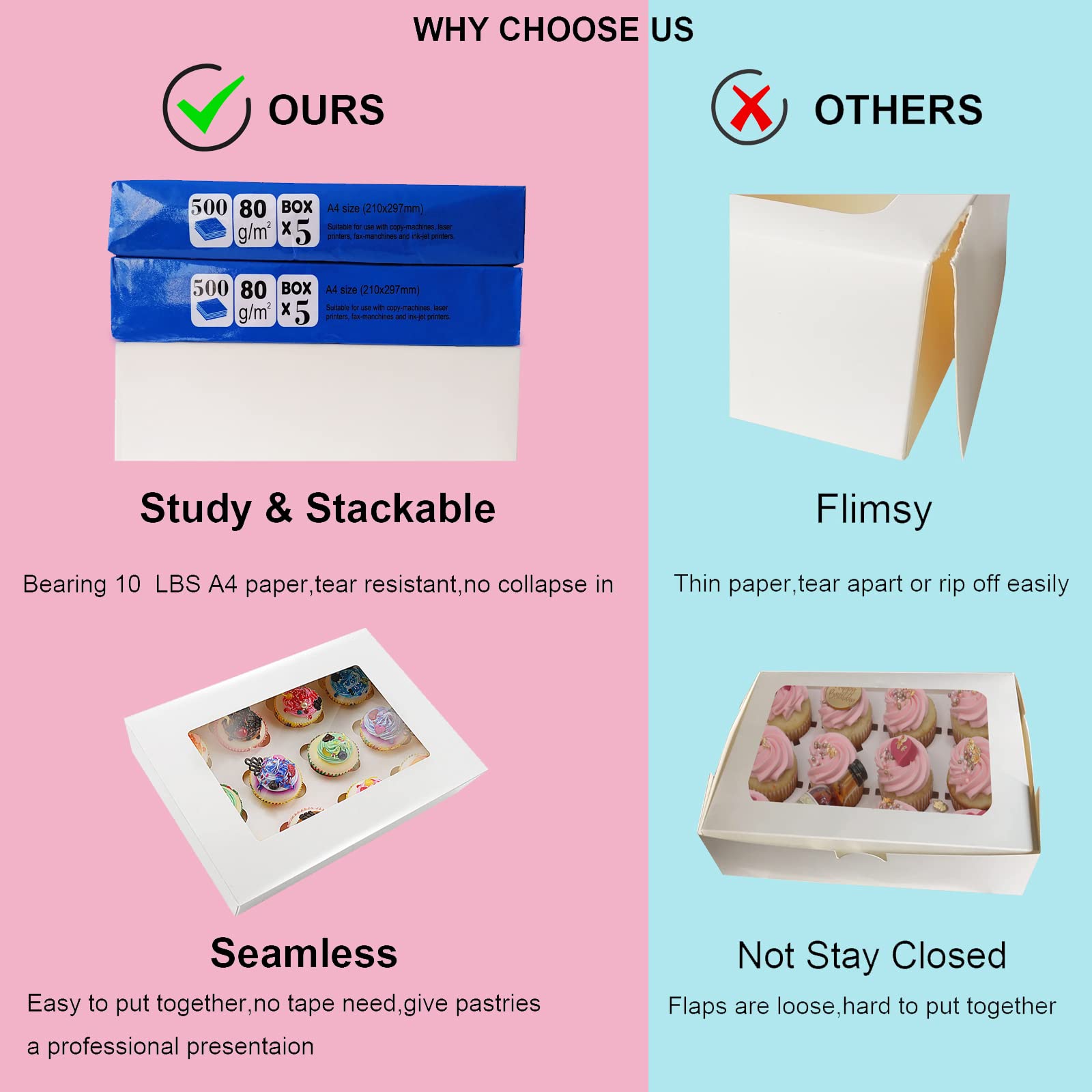 ANTENG A 15 Packs White Cupcake Containers 12 Count,Sturdy Kraft Cardboard Rectangle Cake Boxes With Window,Big Cake Box For Muffins Donuts Cookies As Gift Packaging,Cupcake Boxes 13x10x3.54 Inch