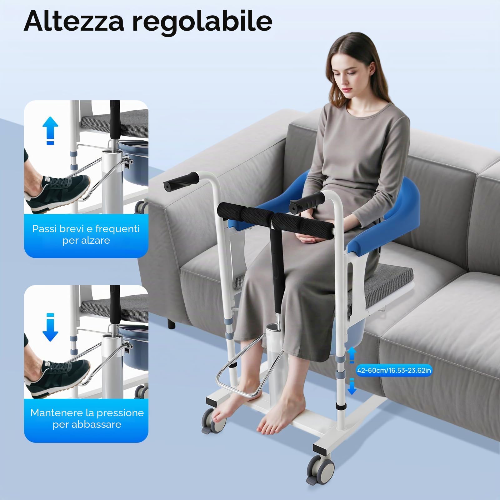 Sollevatore idraulico, sedia di trasferimento per pazienti, regolabile in altezza, capacità di carico 100 kg, maniglie antiscivolo, seduta divisa a 180°, sedia da doccia (blu)