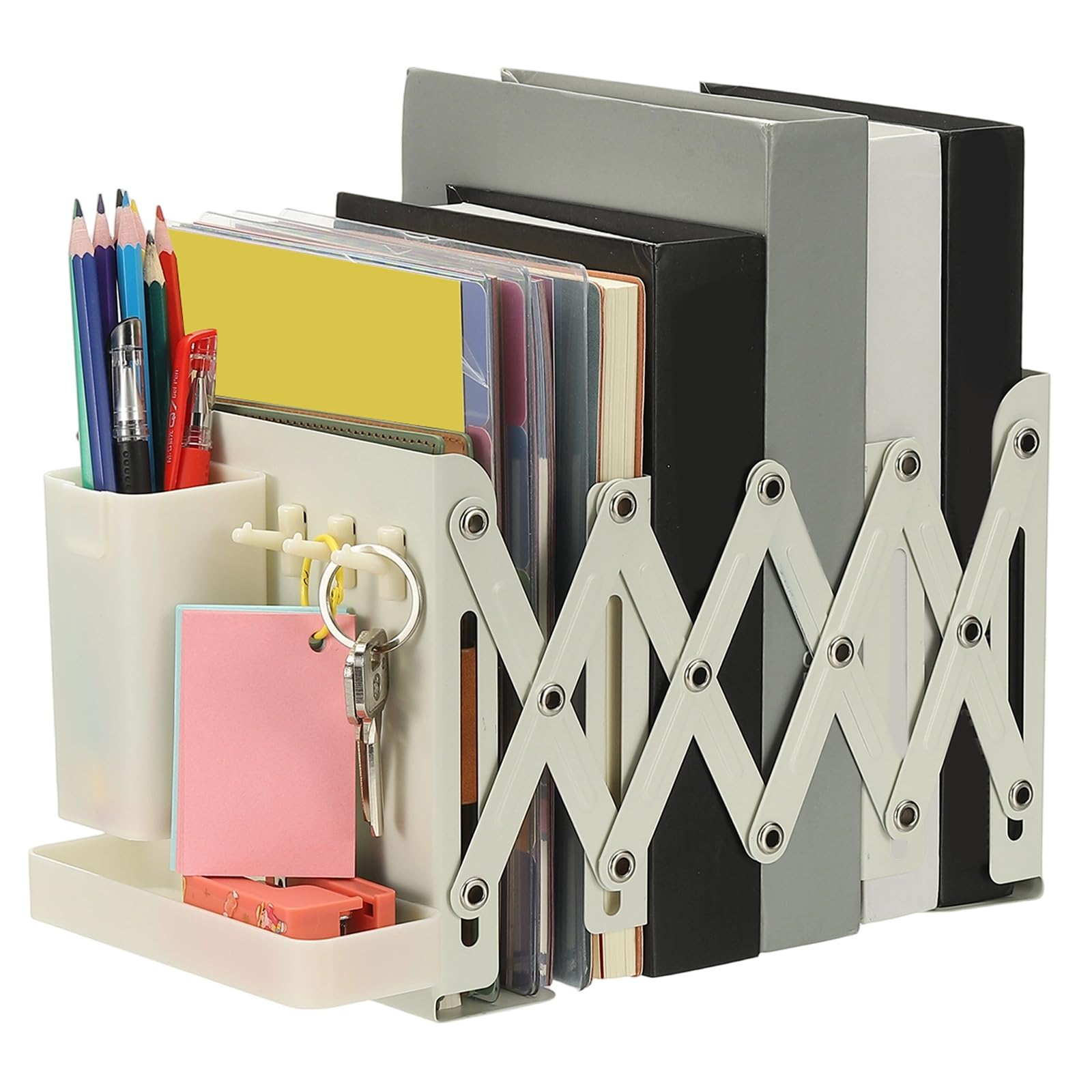 PATIKIL Adjustable Book Ends, 6.5" Tall Heavy Duty Metal Adjustable Bookends Book Holders Organizer with Removable Pen Holder Tray and 3 Hook-up for Heavy Books Desk Office Home, White