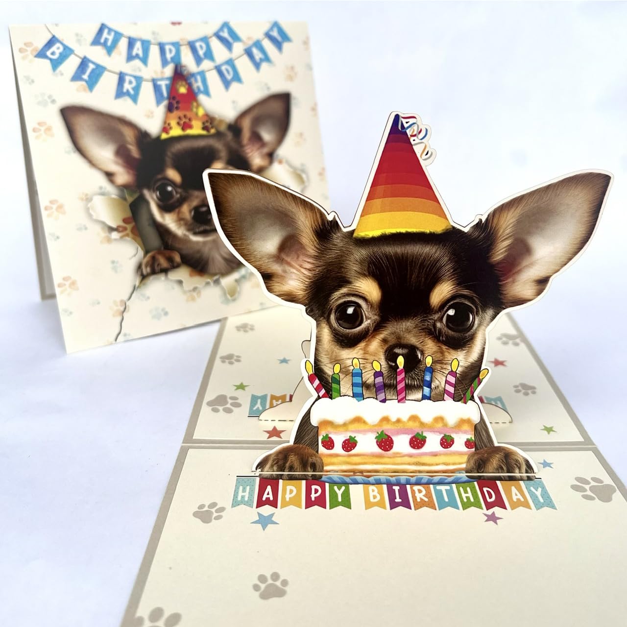 Momapopup 3D Pop-Up Chihuahua Dog Birthday Card - Cute Dog with Cake Celebration, Whimsical Happy Birthday Greeting for Dog Lovers - Brown Chihuahua
