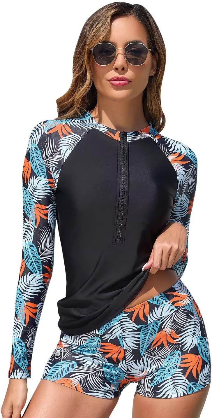 Womens 2 Piece Rash Guard Swimsuit UPF 50+ Zip Swim Shirt and Shorts Long Sleeve Bathing Suits with Build in Bra