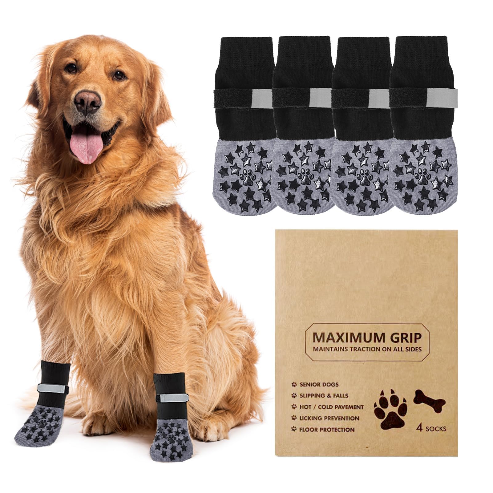 Anti Slip Dog Socks Paws Stop Licking, 2 Pairs Dog Boots Protector Socks with Adjustable Strap, Breathable Cotton Dogs Boot Shoes, Protect Injured Paws, Ideal for Indoor Outdoor Hardwood Tile Floors