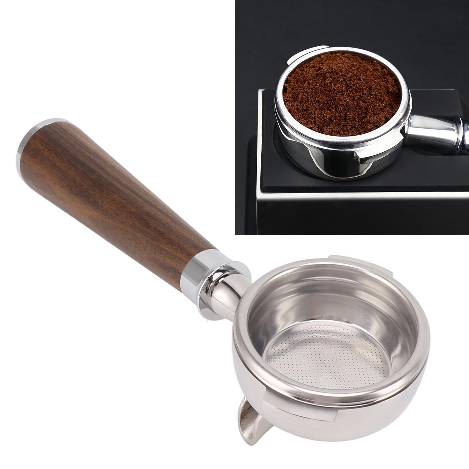 Kaffeezubehör, 2 Ausgießer, Holzgriff 58 Mm, Filterhalter für Kaffeemaschinen aus Edelstahl für die Küche (Geben Sie einen schwarzen Säurezweig ein)