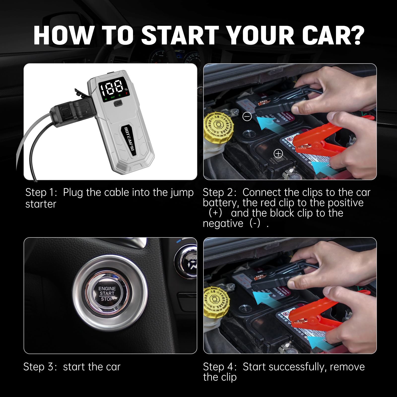 Booster Batterie 12V 5000A Démarreur Voiture et Moto Jusqu'à 9,5L Essence 8L Diesel Jump Starter Portable avec Écran LCD Pinces Intelligentes Lampe LED Sécurité Urgence