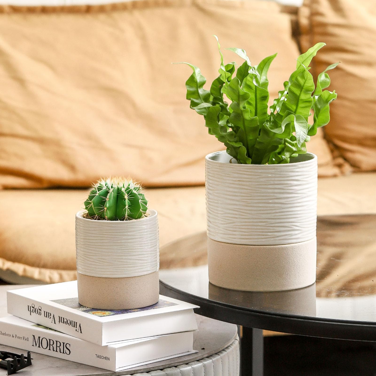 Nihow Selbstbewässernder Blumentopf für Zimmerpflanzen: 11,4 cm + 15,2 cm Keramik-Pflanzgefäß mit Ablaufloch & Wasserspeicher Plus – Zylinder-Blumentopf mit Docht für Kräuter – Weiß & Braun