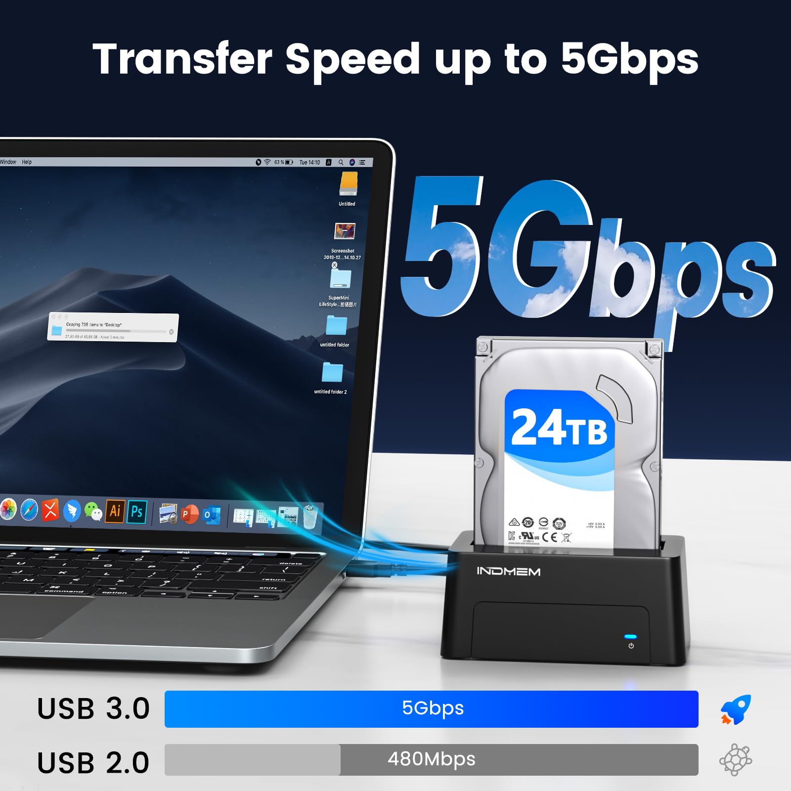 INDMEM Adaptador SAS a USB 3.0, SAS/SATA, lector de carcasa de disco duro convertidor, estación de acoplamiento para servidor HDD SSD de 2.5/3.5 pulgadas con adaptador de corriente de 12 V/2 A