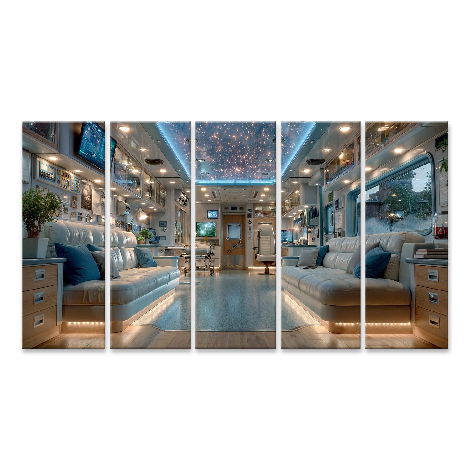 islandburner Bild auf Leinwand Futuristisches Ambulanzinterieur Wandbild für Büro & Praxis Für Technikbegeisterte - 5-teilig XXL