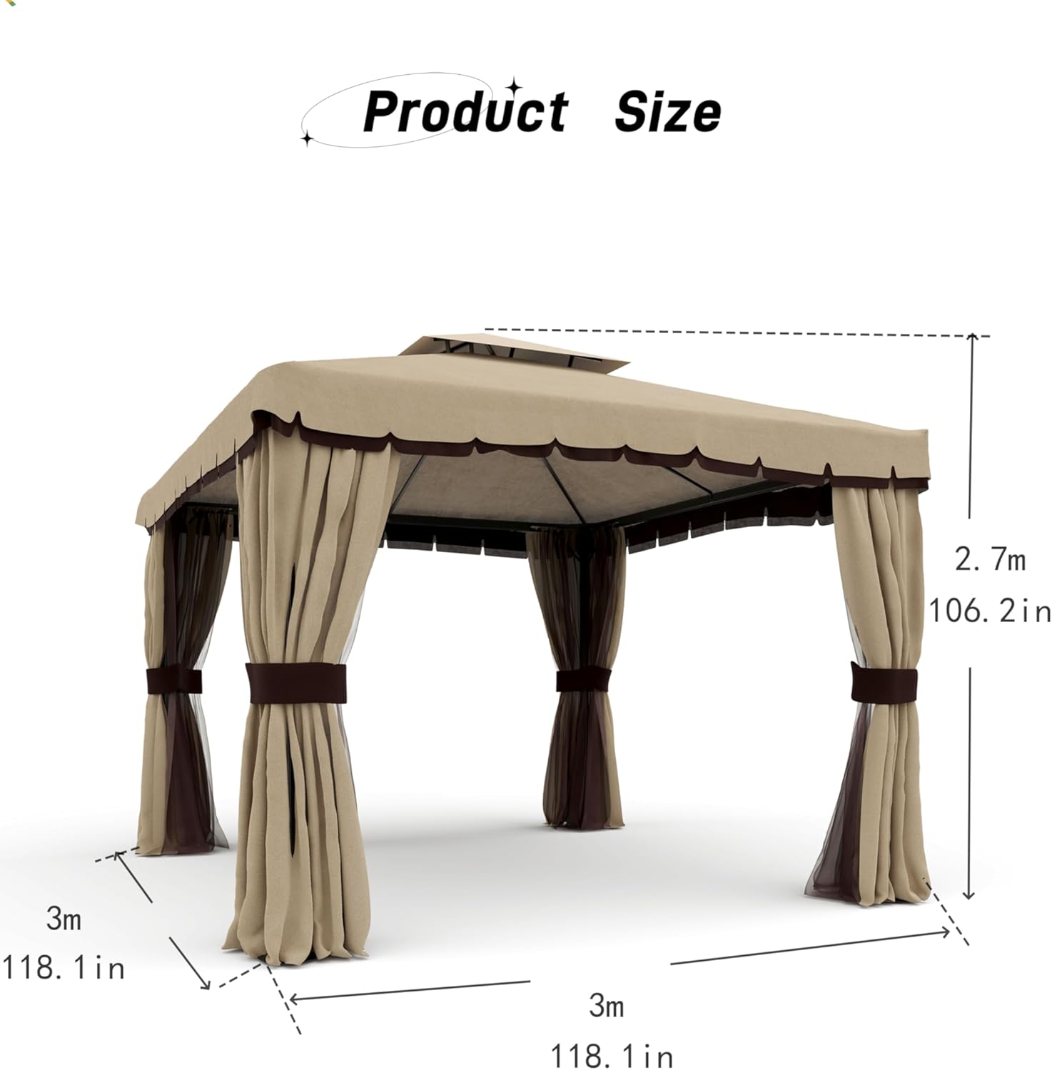 10 x 10 ft Outdoor Patio Gazebo, Double Roof Pop Up Gazebo with Netting and Shade Curtains Waterproof Sunshade for Backyard, Deck, Garden (Khaki)