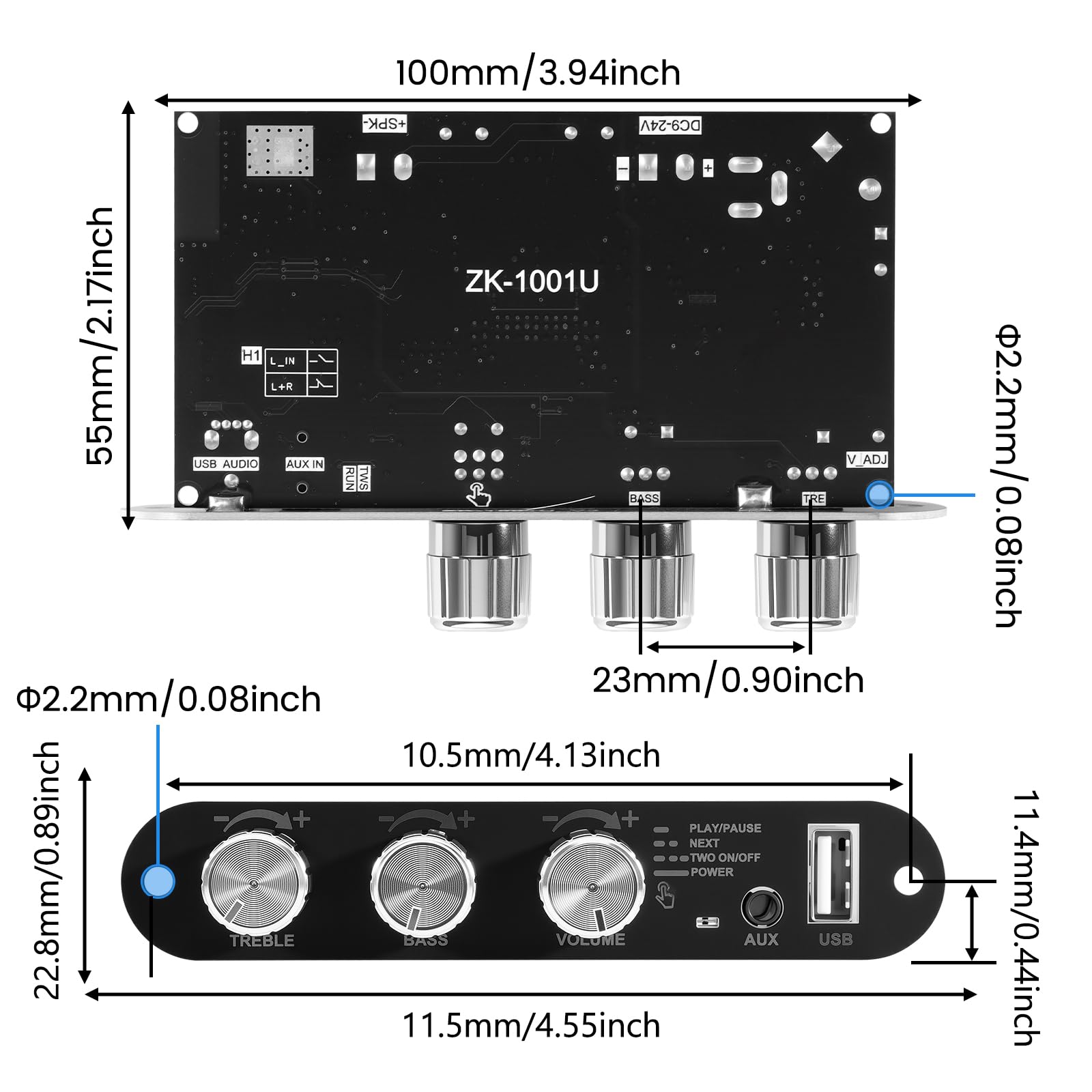 ZK-1001U - Amplificatore stereo HiFi Bluetooth 5.3 con circuito TWS & Boost, potenza di uscita 100 W, mini amplificatore audio per altoparlanti fai da te domestici e esterni, ingresso USB/AUX/BT, DC 9
