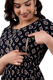 Women's Maternity Feeding Dresses for Women, Easy Breastfeeding Dress, Cotton Blend Anarkali Dress with Nursing Zip for Pr... Price In India