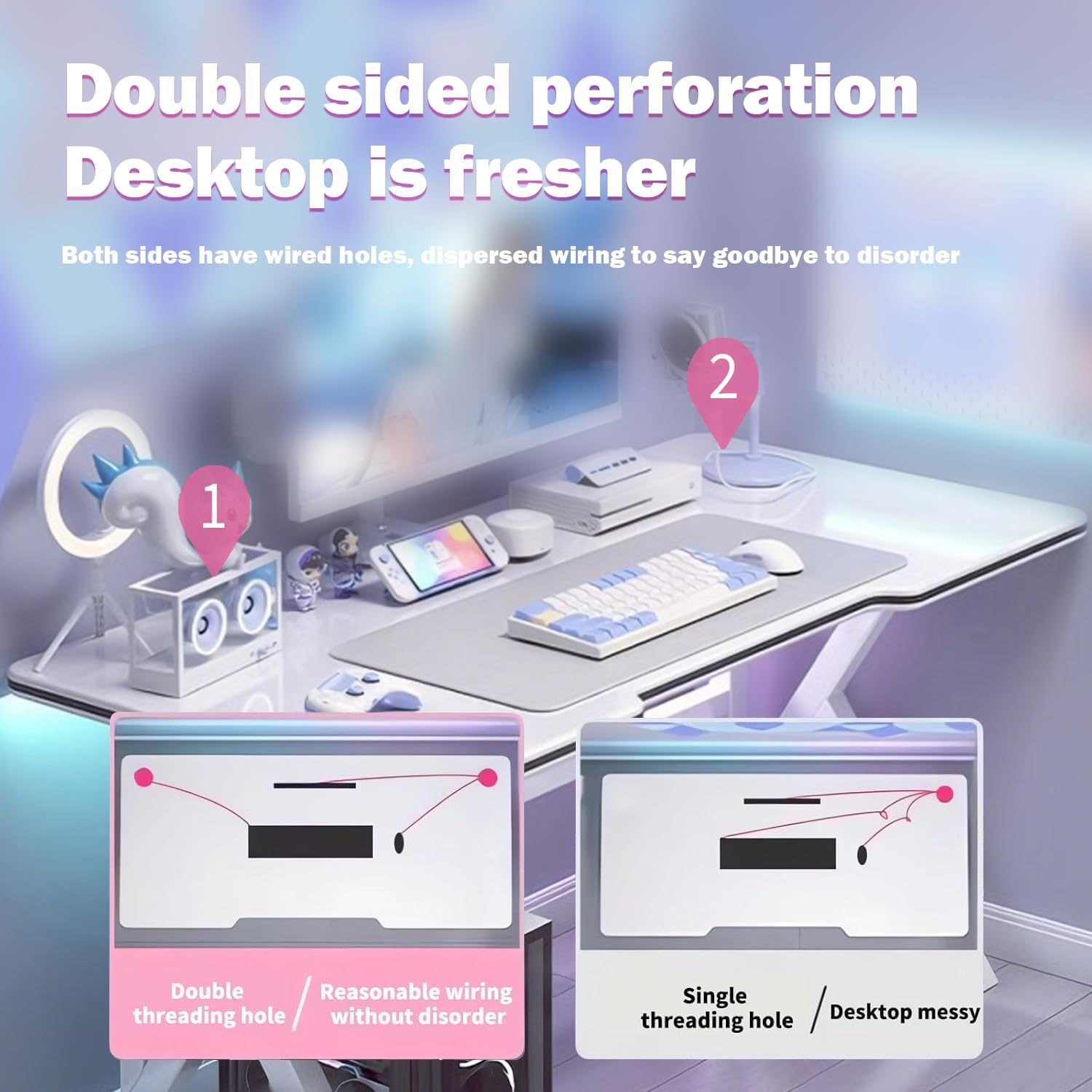 Large Gaming Desk, K-Shaped PC Gaming Table for Home Office, Ergonomic Computer Desk, Space-Saving, Easy Assembly (White 40 Inch)
