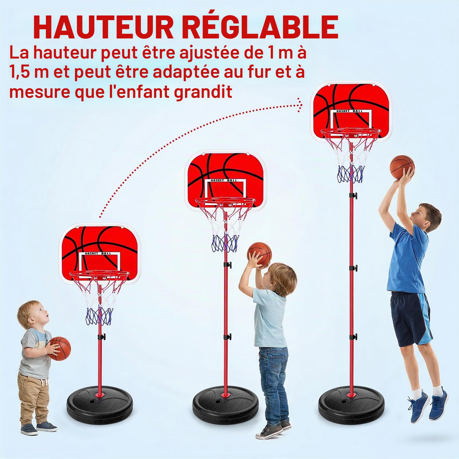 Panier de Basket Réglable en Hauteur 40-140 cm pour Enfants, Support de Basket Miniature Robuste Intérieur et Extérieur, Jouet de Sport avec Panneau Rouge, Panier de Basket Extérieur 3 Ans+