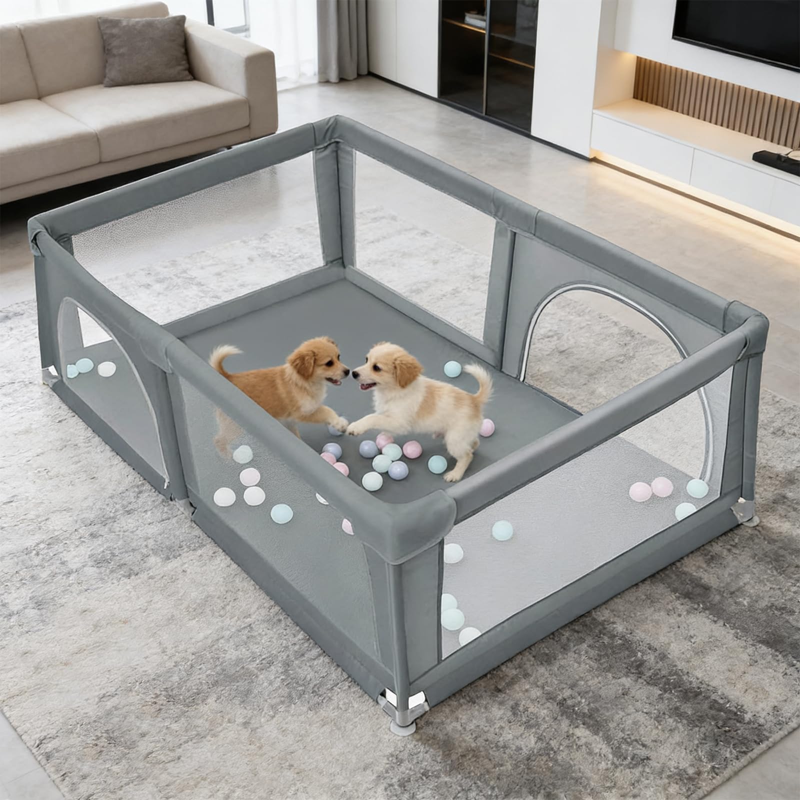 Parc pour Chiens et Chiots avec Porte et Ventouses en TPR, Enclos Intérieur en Tissu Oxford et Filet Nylon, pour Petits et Moyens Animaux (Gris foncé, 180x120 cm)
