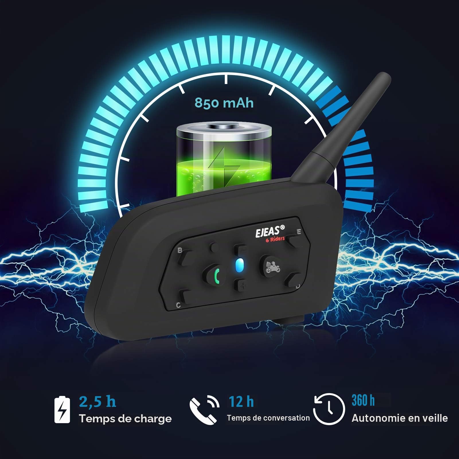 EJEAS V6 Pro Intercom Moto, L'interphone de Casque de Moto Bluetooth Peut Connecter 6 Coureurs pour l'équitation, Le Ski et l'alpinisme. (1 Paquet)
