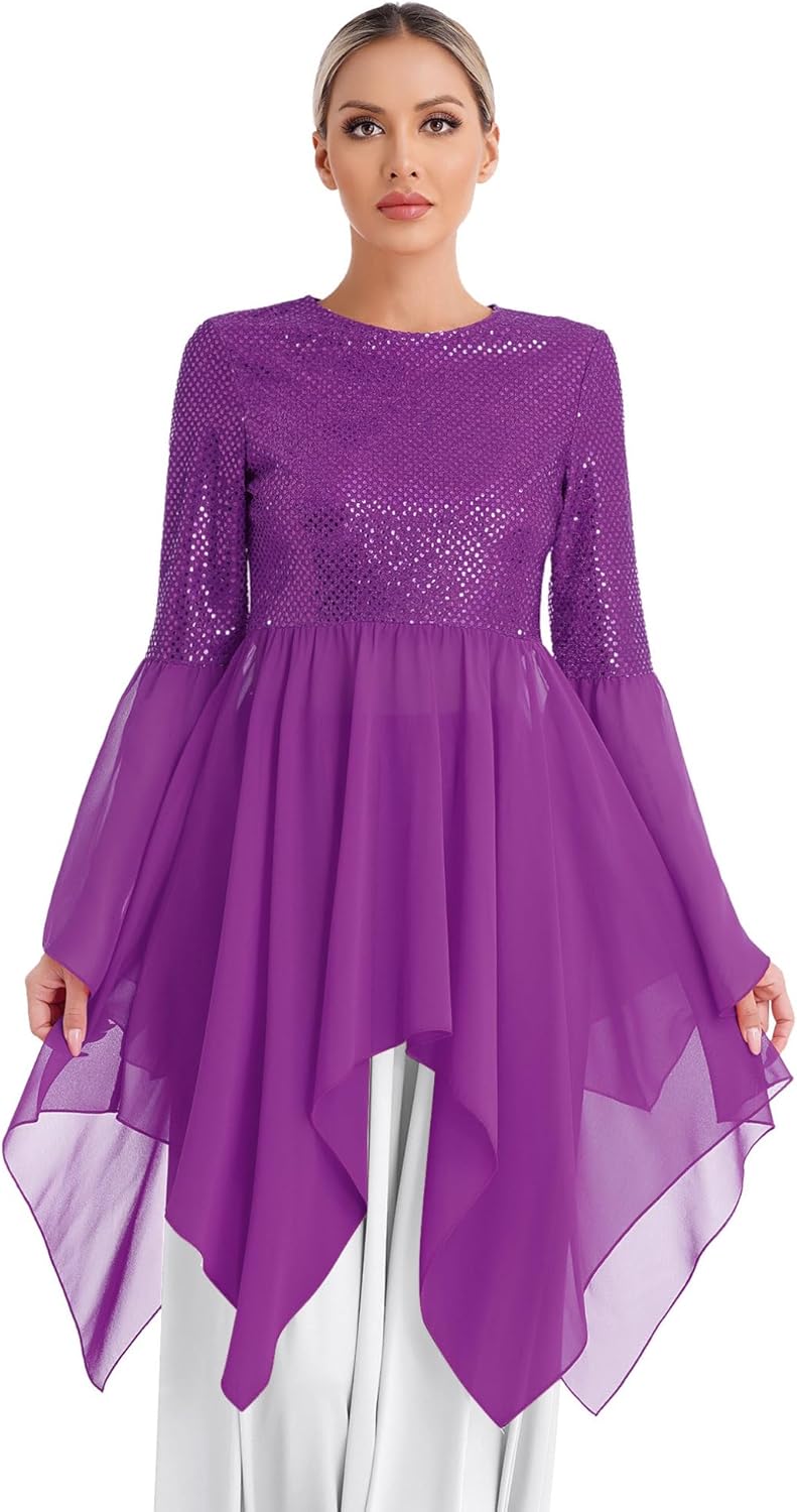 easyforever Women's Dance Overlays for Worship Shiny Sequins Praise Dance Dress with Maxi Skirt Set