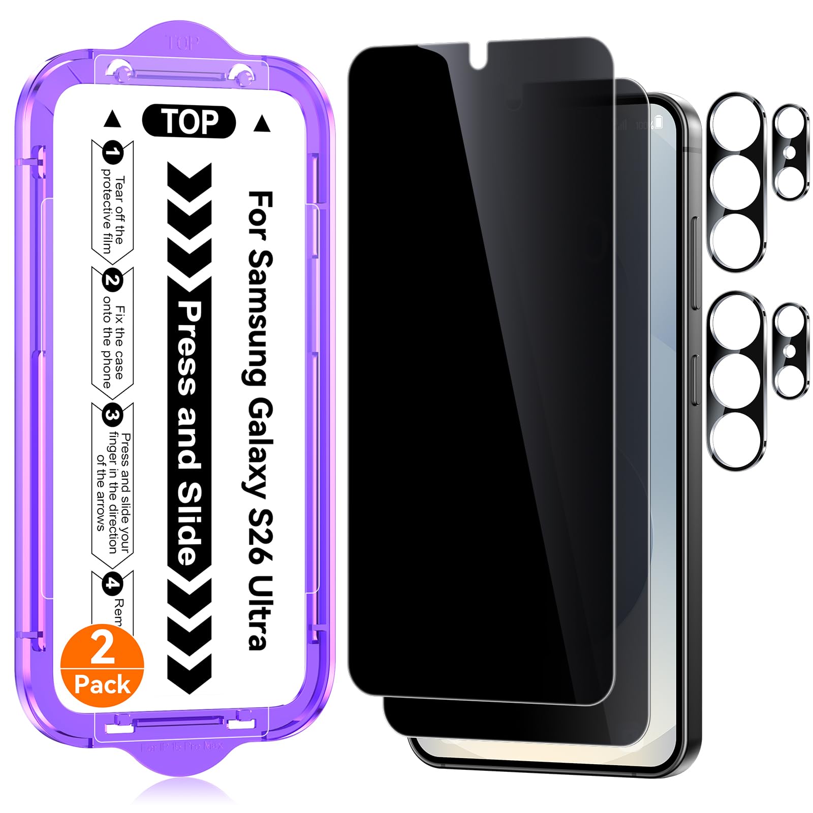 Ksleri für Samsung Galaxy S26 Ultra für Panzerglas Sichtschutz, 2 Stück Privacy Displayschutz Schutzfolie + 2 Kameraschutz, 9H Anti-Spy Schutzglas Folie mit Einfaches Auto-Installationswerkzeug