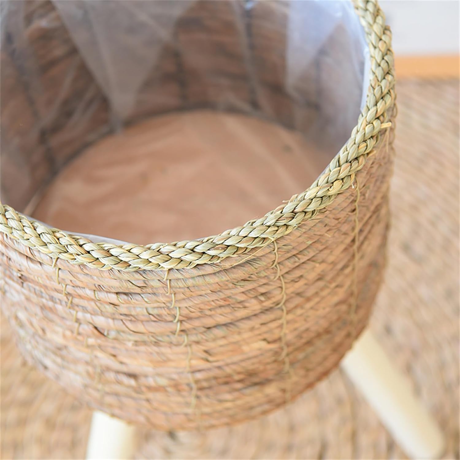 Rattan Indoor Plant Stand Straw Woven Flowers Pots Holder Stool with Legs Floor Planter Baskets Rack Wood Plant Shelf Rattan Stand