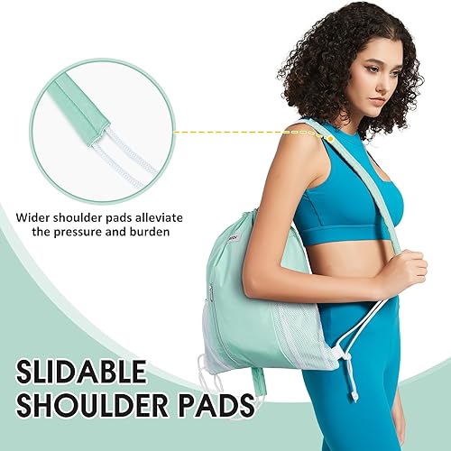 Miniatura 2 de WANDF Mochila con cordón y almohadilla para el hombro, mochila deportiva de gimnasio con bolsillo de malla para mujeres y hombres (verde menta)