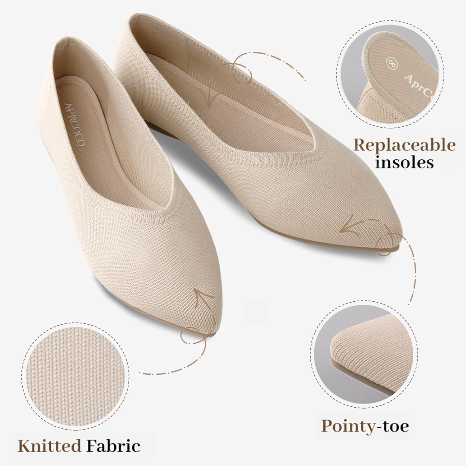 Womens Pointed Toe Flats Knit Dress Washable Flats Slip On Ballet Shoes Women Comfort Office Low Wedge - Image 3