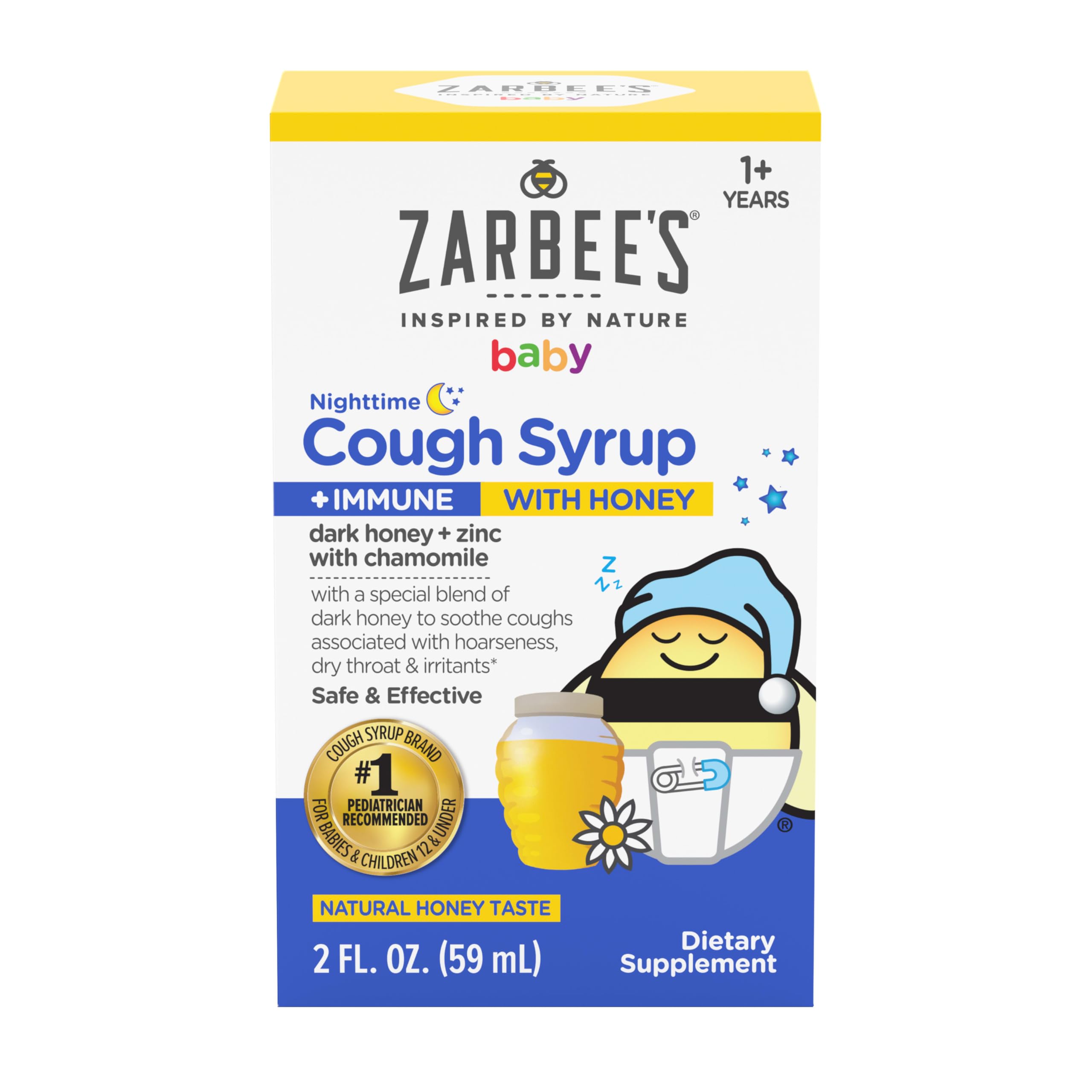 Baby Nighttime Cough Syrup + Immune, Baby Cough Syrup with Dark Honey + Zinc & Chamomile, for Toddlers, No Drugs or Artificial Flavors, Natural Honey Taste, 2 fl. oz