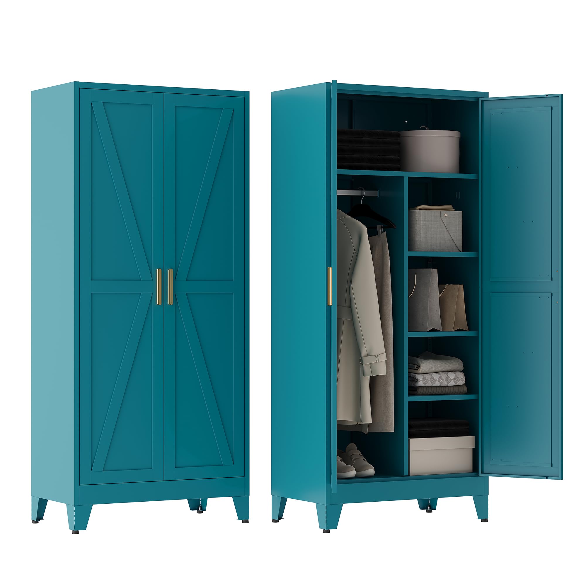 71" Metal Armoire Wardrobe Closet with Hanging Rod, Blue-X 5 Shelves