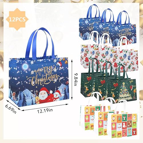 Miniatura 2 de 12 Pack Christmas Tote Bags with Handle, Large Christmas Gift Bag Reusable Non-Woven Grocery Shopping Totes, Merry Christmas Words Santa Treat Bags
