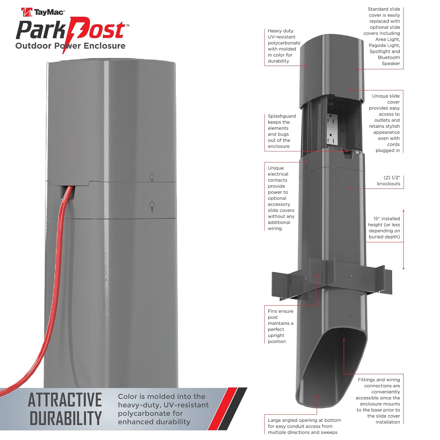 TayMac Outdoor Comforts ParkPost 13-in. 1-Gang Gray Weatherproof in-use Power Post Enclosure PP55G, Outdoor Power Stake for Garden, Weatherproof Outlet Box, Outdoor Outlet Cover