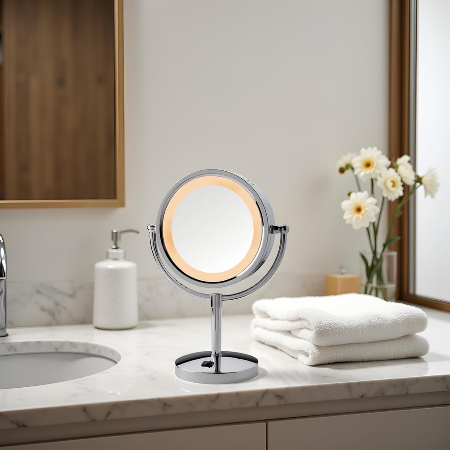 JERDON LED Lighted Makeup Mirror with 5X Magnification – Tabletop Magnifying Mirror with 8.5" Diameter - Chrome Finish - Model HL745CO