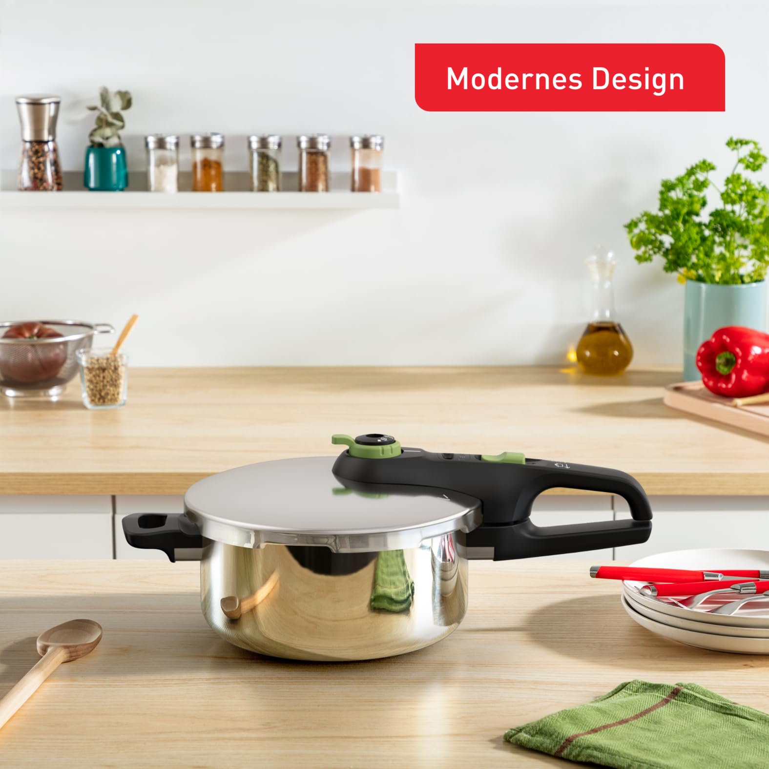 Tefal Secure Trendy Schnellkochtopf Induktion 4l, 2-Stufen-Garregler: Intensivstufe 117°C, Schonstufe 112°C, Induktions-Kapselboden, für alle Herdarten, Edelstahl/Schwarz/Grün, P2580400