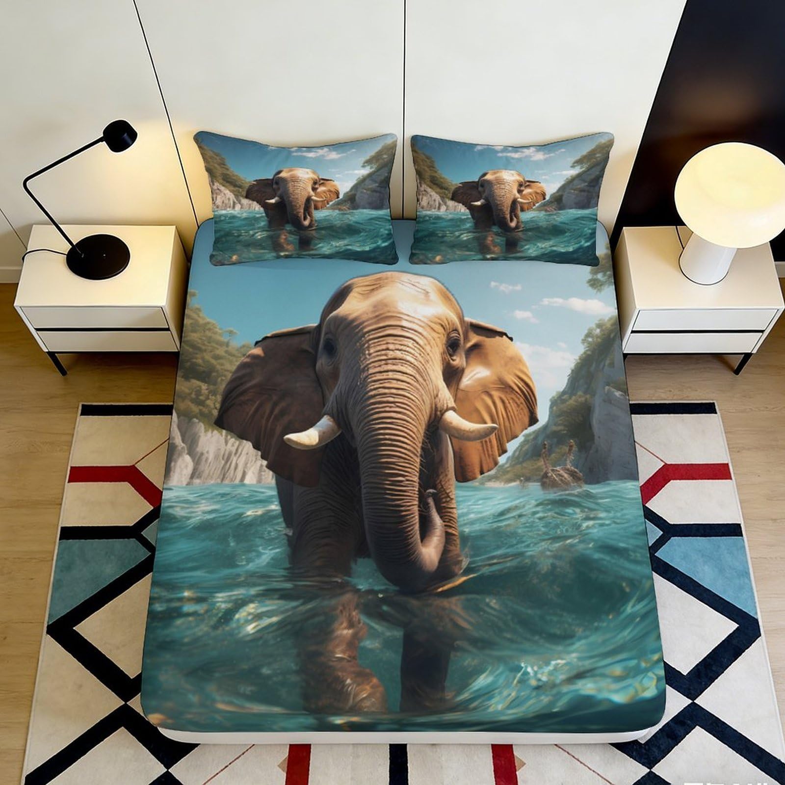 Jqzkxnhpbr Style-2 3D Printed Elephant River Fitted Sheet Microfiber Soft Anti-Slip Jungle Scene Bed Cover For Bedroom Guest Room Decor 90X200x25cm