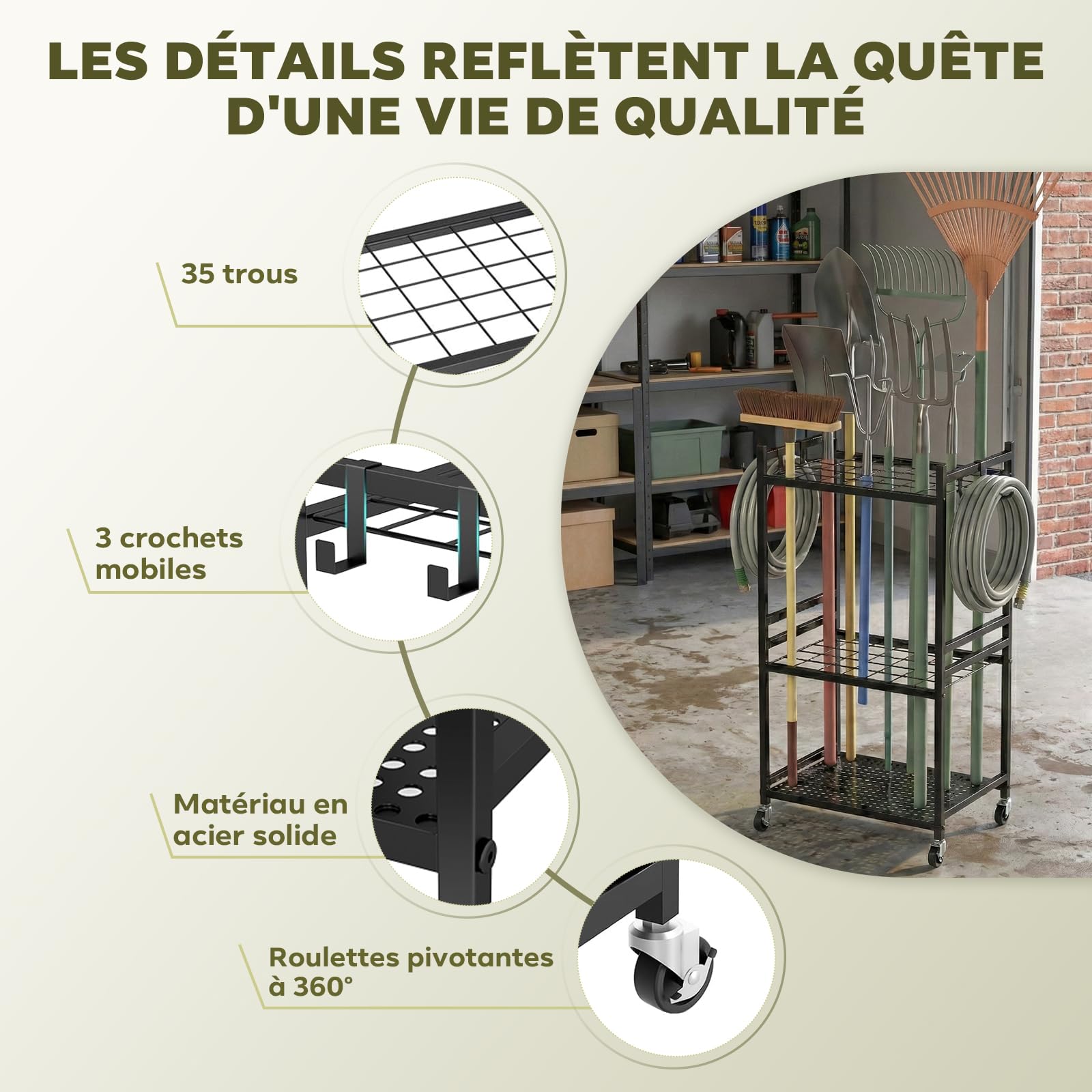 Chariot de Rangement 3 Niveaux avec Roulettes – Étagère Mobile pour Outils, Jardin, Cuisine & Garage, en Métal, Noir
