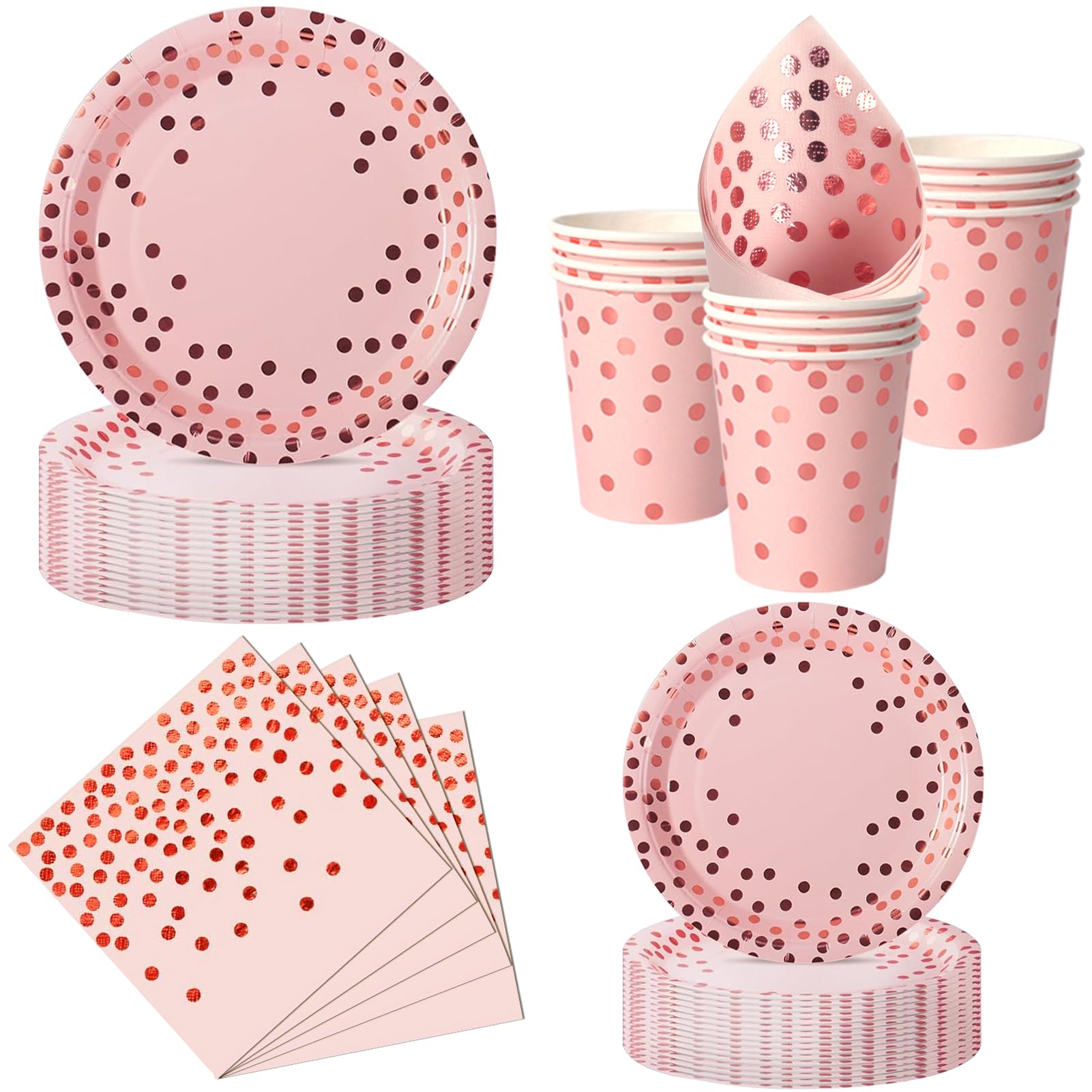 Nkaiso 50 Pcs Pink and Rosegold Paper Plates and Napkins Set for 10