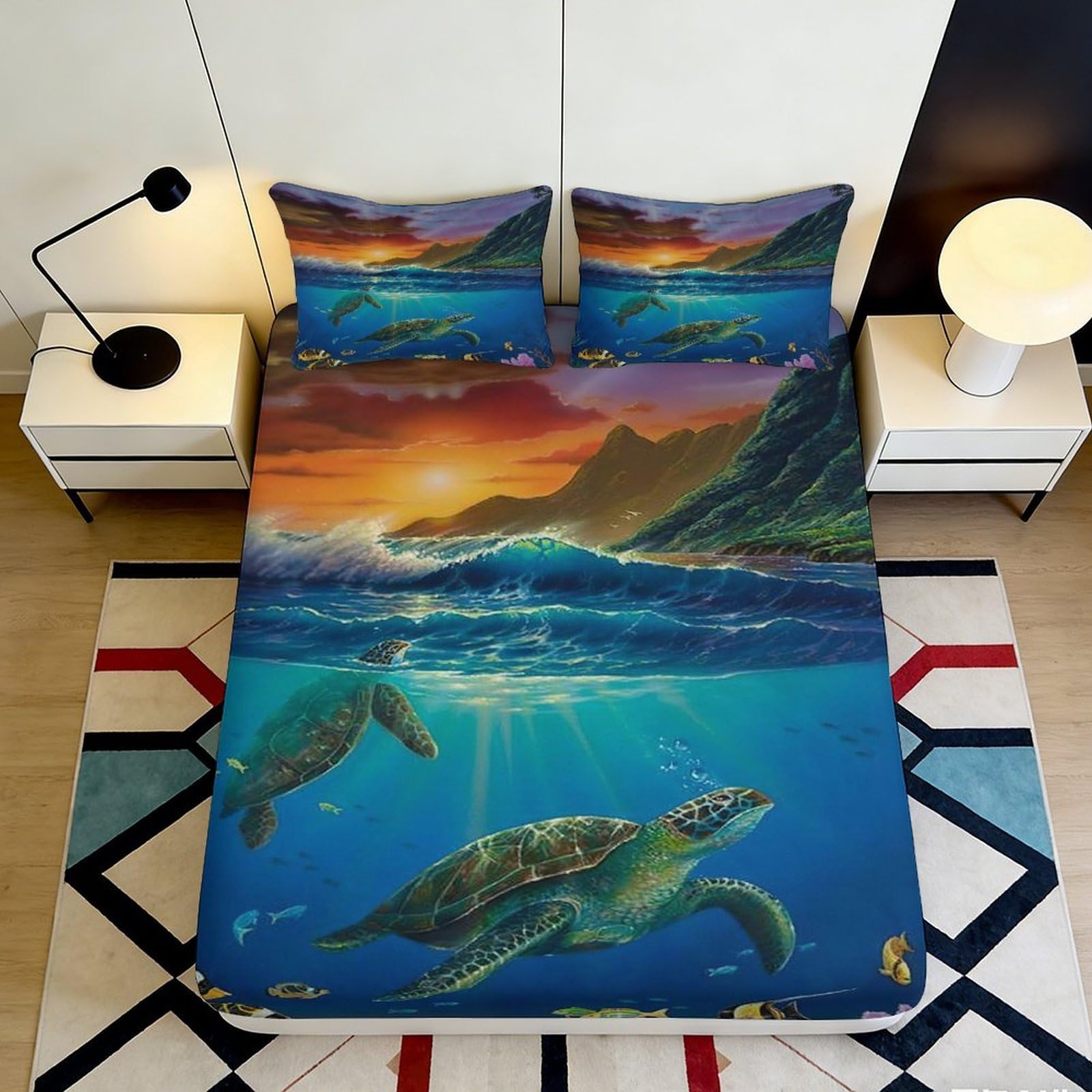 3D Printed Ocean Sunset Fitted Sheet Microfiber Art Sea Turtle Mattress Cover for Bedroom Guest Room Decor 90x200x25cm