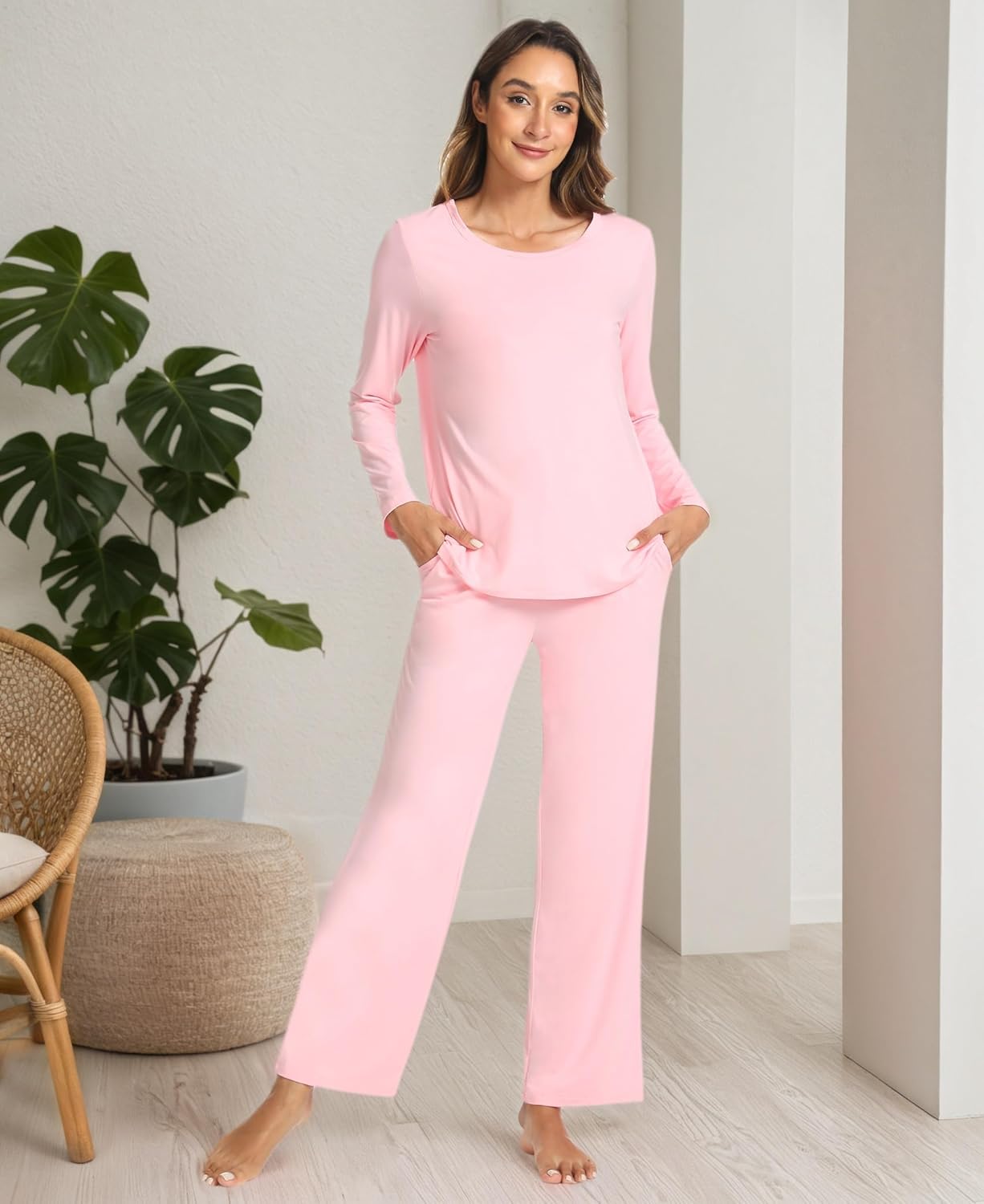 GYS Bamboo Viscose Womens Pajamas Set Long Sleeve Crew Neck Sleep Set - Image 6
