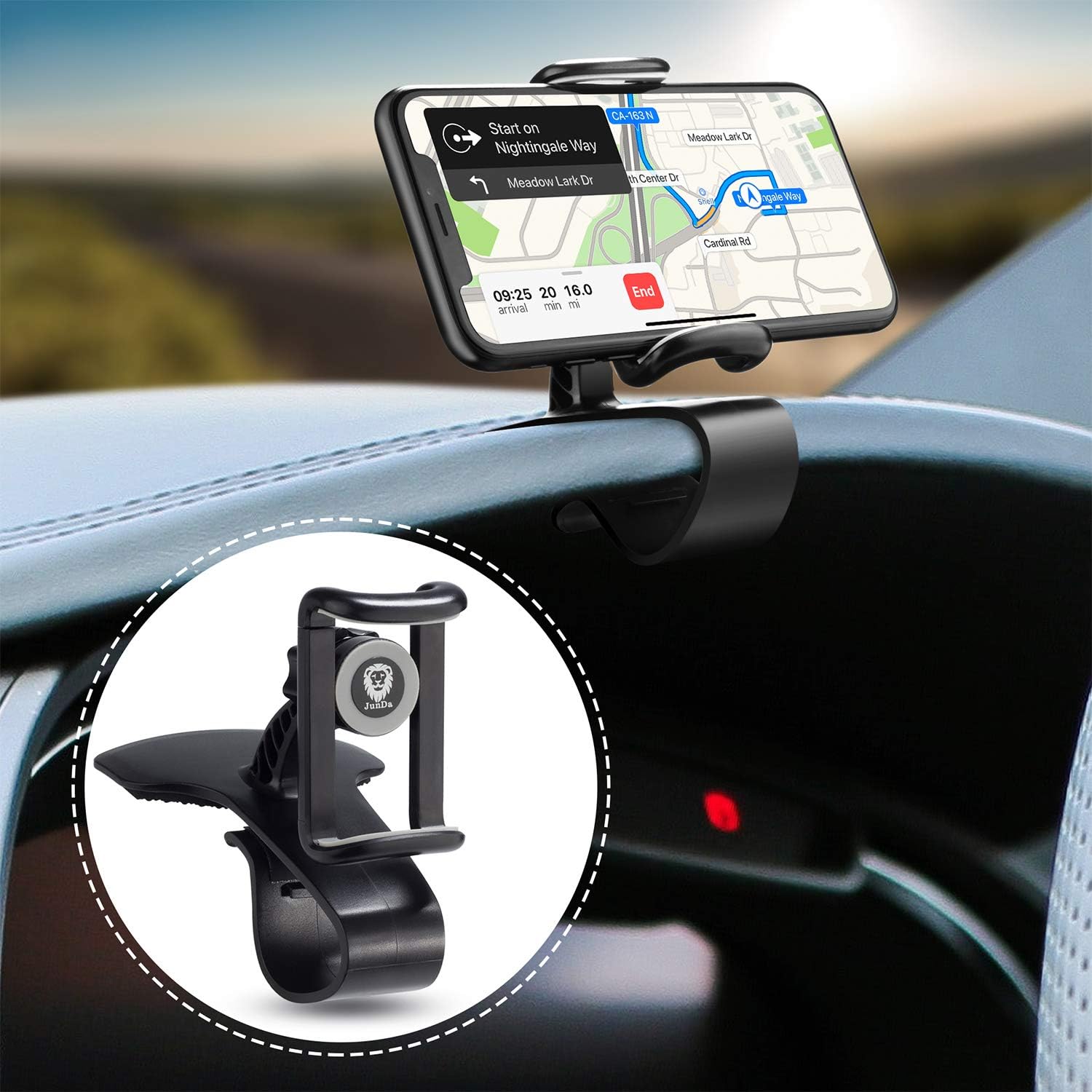 JunDa Car Phone Holder 360-degree Rotation Cell Phone Holder Suitable for 4 to 7 Inch Smartphones, Rotating Dashboard Clip Mount Stand
