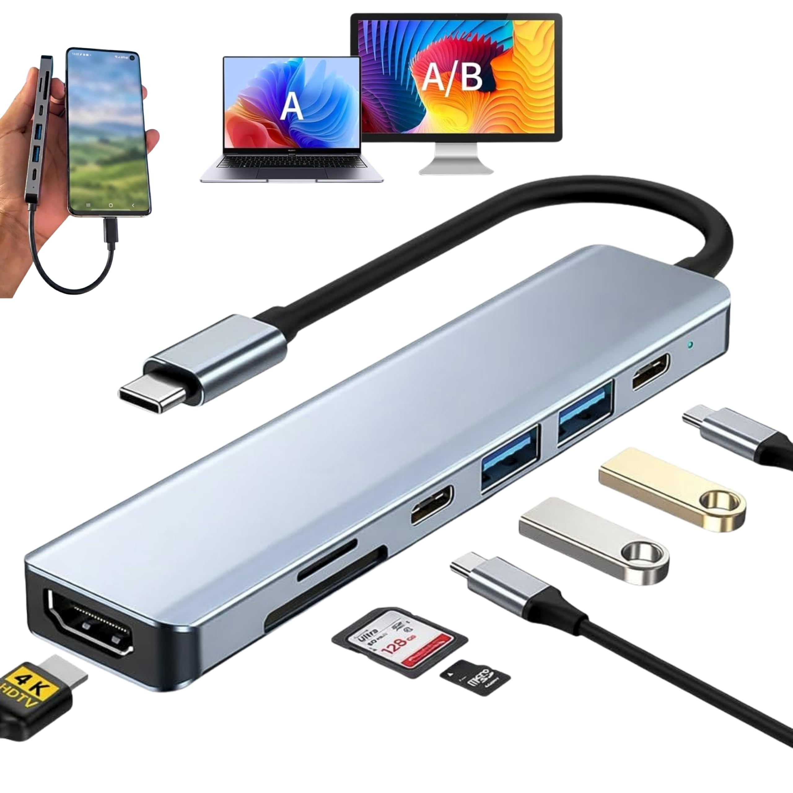 Adaptador Hub 7 em 1 USB-C, MTS, com Saída HDMI 4K, 7 Portas, USB 3.0, Leitor Cartão SD,