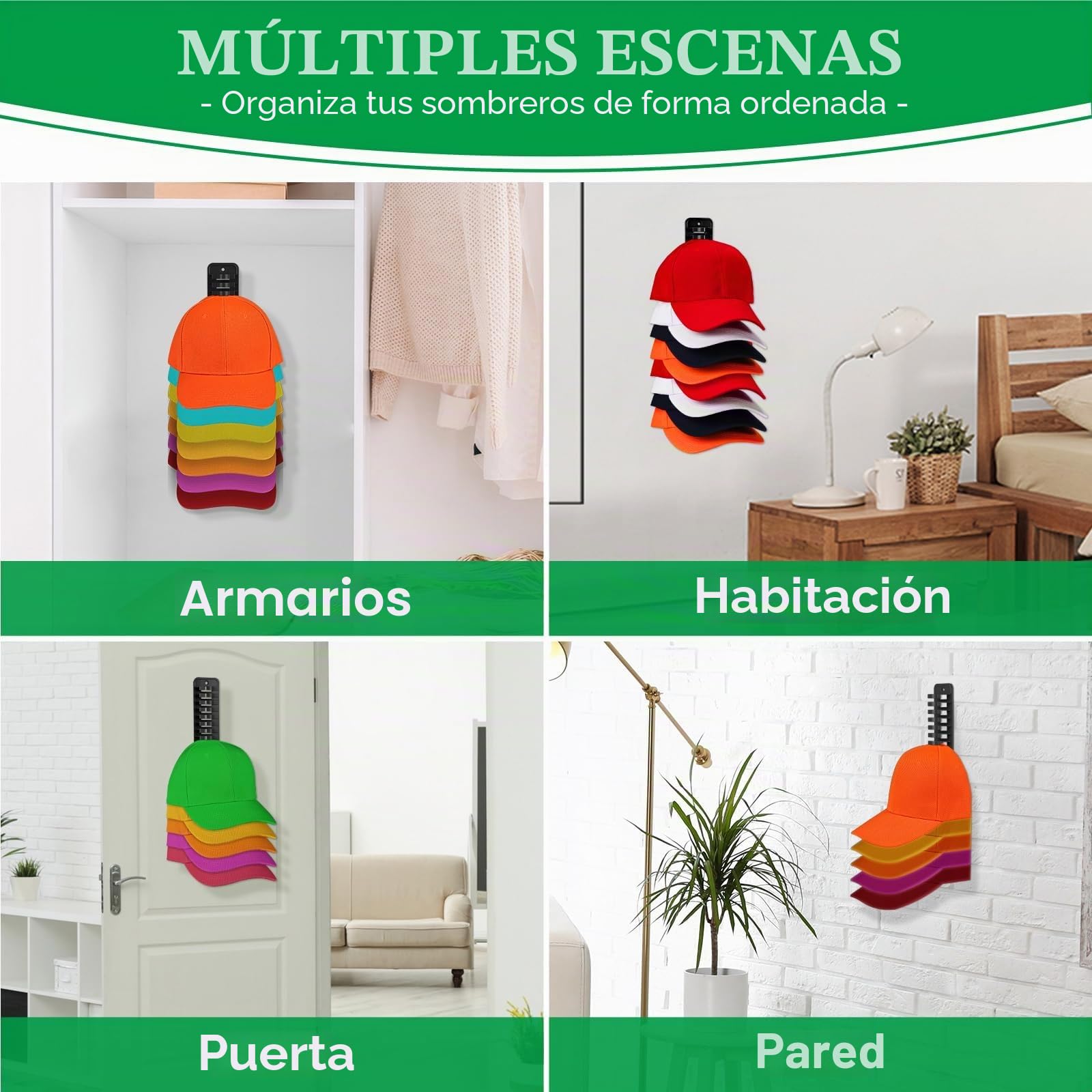Perchero Organizador de Gorras para Pared o Puerta - 1 Paquete con Capacidad para 16 Unidades - Instalación con Gancho Adhesivo o Taladro, Negro