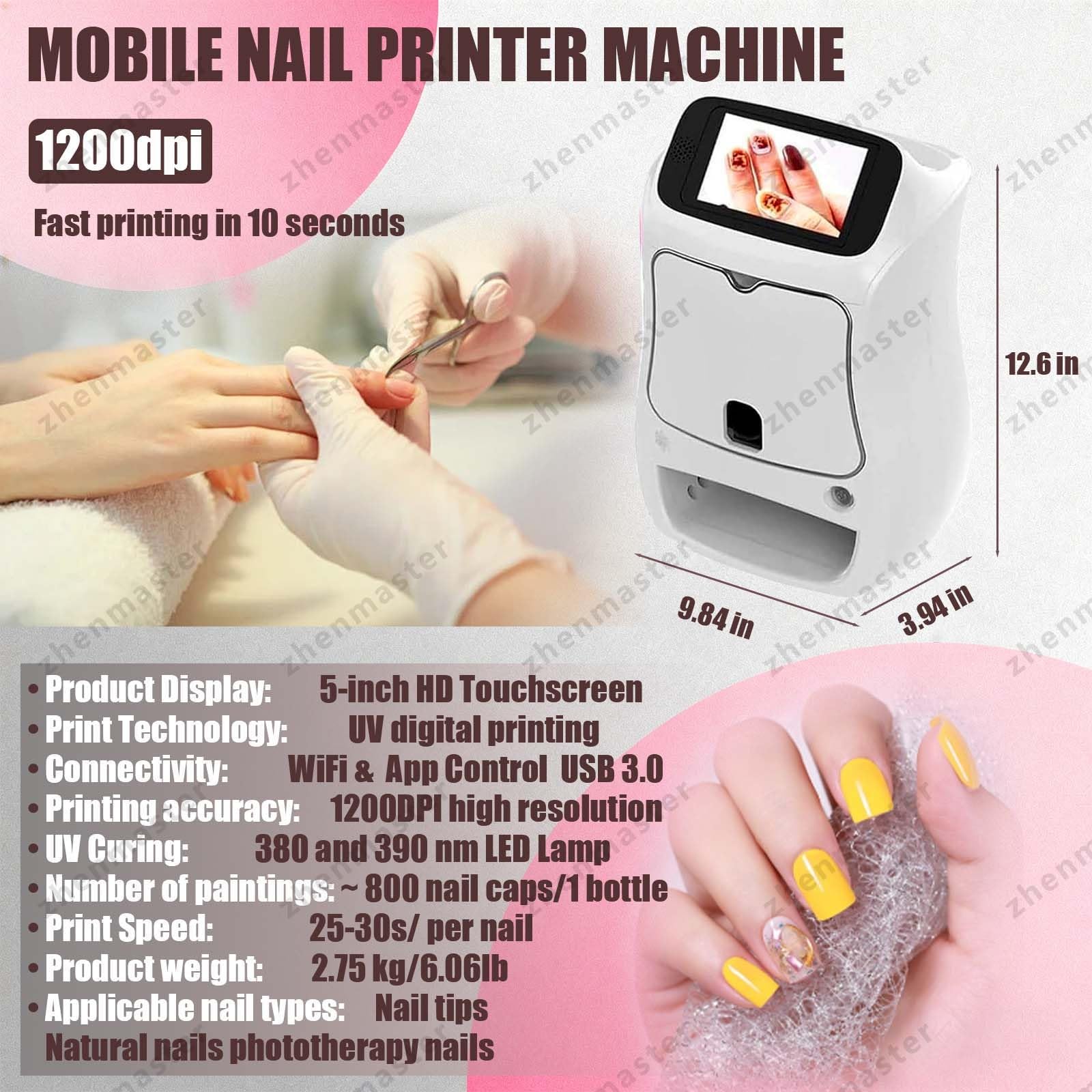 Stampante Nail Art Digitale Automatica Con 2400DPI E Display Touch 5", Stampante Unghie 3D Professionale Con App Wireless E Lampada U-V LED, Ideale Per Casa, Eventi, Studi E Saloni(Machine)
