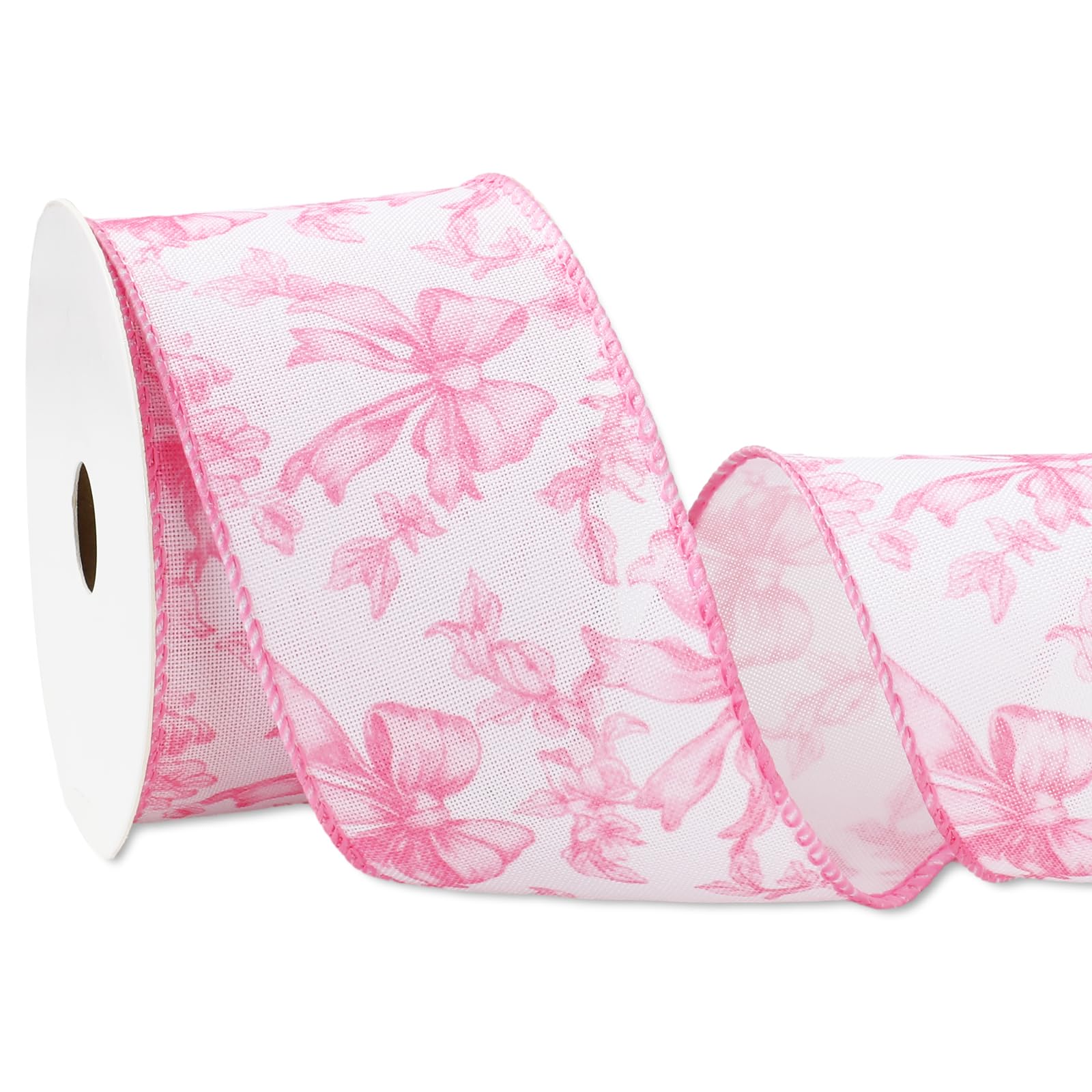 JarThenaAMCS Pink Floral Bow Wired Edge Ribbon Chinoiserie Flower Bowknot Fabric Ribbon for DIY Crafts Wreath Bow Making Supplies, 12 Yard