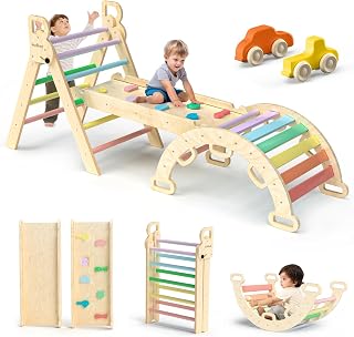 BlueWood Pikler Triangle Set - 7-in-1 Foldable Indoor Toddler Climbing Toys, Rainbow, Solid Wood, 160lbs Capacity