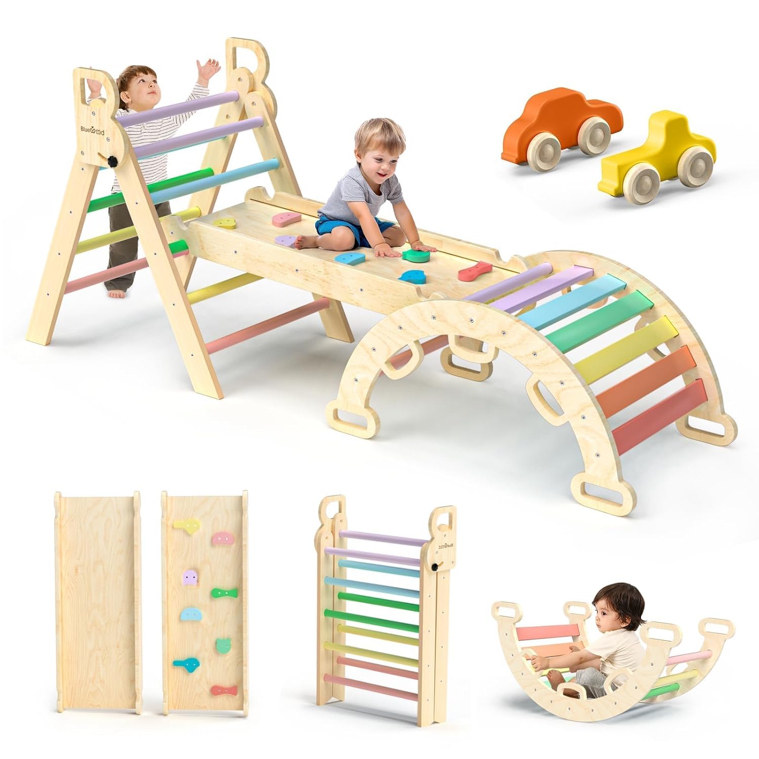 BlueWood Pikler Triangle Set Toddler Climbing Toys Indoor 7in1 Foldable Baby Climbing Toys- Rainbow