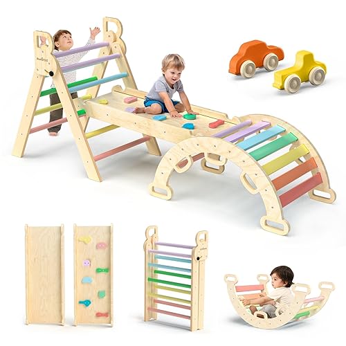 BlueWood Pikler Triangle Set, Toddler Climbing Toys Indoor, 7in1 Foldable Baby Climbing Toys- Rainbow