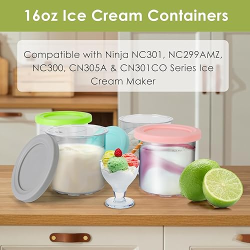Miniatura 2 de Paquete de 4 recipientes de pinta de helado, repuesto para pintas y tapas de crema ninja, compatibles con máquinas de helado de crema serie NC299AMZ
