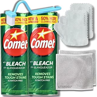 Comet Cleaner with Bleach 21oz (2 Pack) Bundle with a pair of Litardex Cleaning Gloves + pair of Multipurpose Wire Miracle Cleaning Cloths + Cleaning Brush (4 Items)